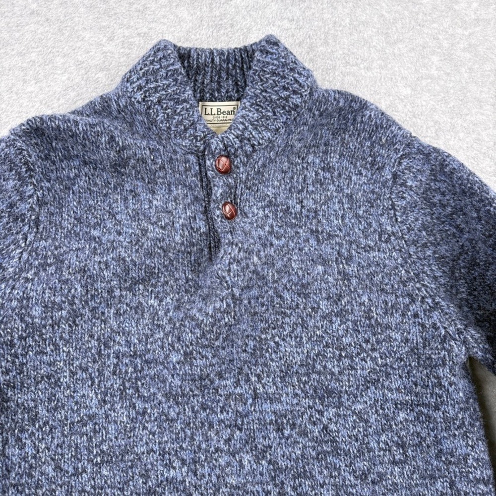 LL Bean Sweater Mens Medium Blue Marled Lambswool Henley Mock Neck 285174 - Picture 3 of 9